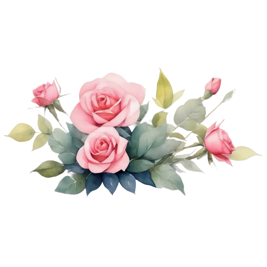 Exquisite-Bouquet-of-Pink-Roses-PNG-Image-Watercolor-Style-with-Unique-Leaf-and-Rose-Composition