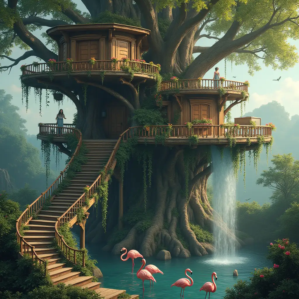 Create an image of a large and neglected treehouse with a beautiful princess, many round stairs, many terraces with orchid hanging plants, a pond with flamingos in the water, a waterfall and dragonflies, photo-realistic detail of parts and lighting.