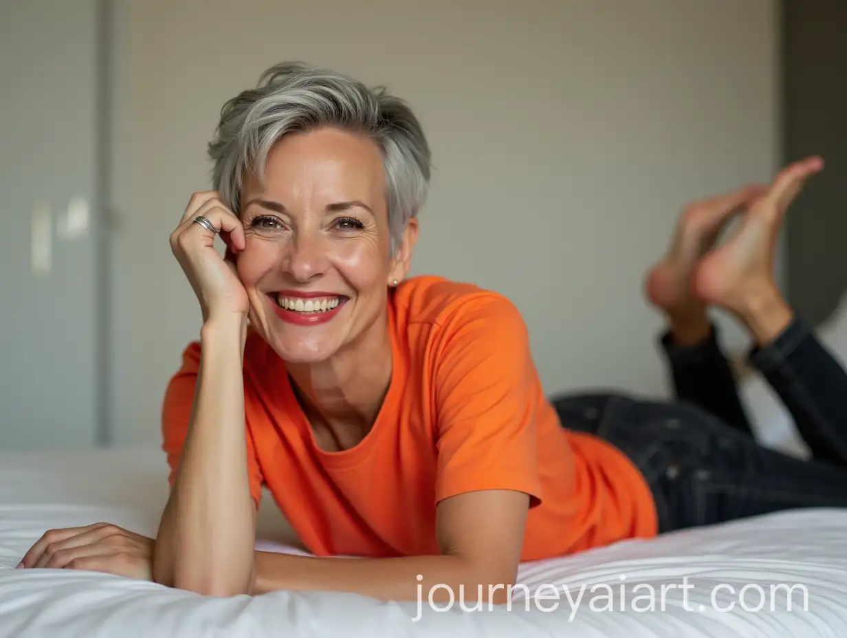 Smiling-59YearOld-Woman-in-Fashionable-Outfit-Lying-on-Bed