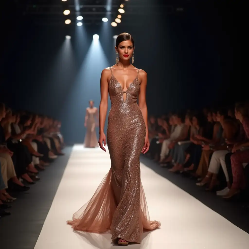 A high-fashion runway scene with a glamorous model wearing a shimmering, flowing gown. The model confidently walks under bright runway lights, her bold red lips forming a subtle smile. The audience in the background looks mesmerized, with their eyes following her every move. The atmosphere is chic and modern, with soft ambient lighting highlighting the model's silhouette and the dazzling textures of the gown. The end of the runway is lit by a single spotlight, emphasizing the model's poise and elegance.