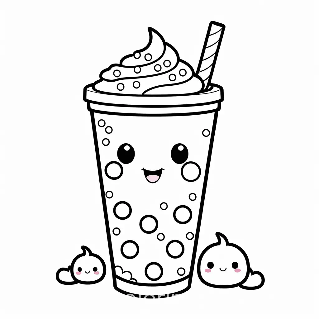 Create a cute kawaii boba tea coloring page. The boba tea should have a big, smiling face with large eyes and a cheerful expression. Include a straw and visible boba pearls at the bottom. Add some fun, simple decorations like stars and hearts around the cup. Ensure the design is clear and easy to color. It is a coloring page, Coloring Page, black and white, line art, white background, Simplicity, Ample White Space. The background of the coloring page is plain white to make it easy for young children to color within the lines. The outlines of all the subjects are easy to distinguish, making it simple for kids to color without too much difficulty