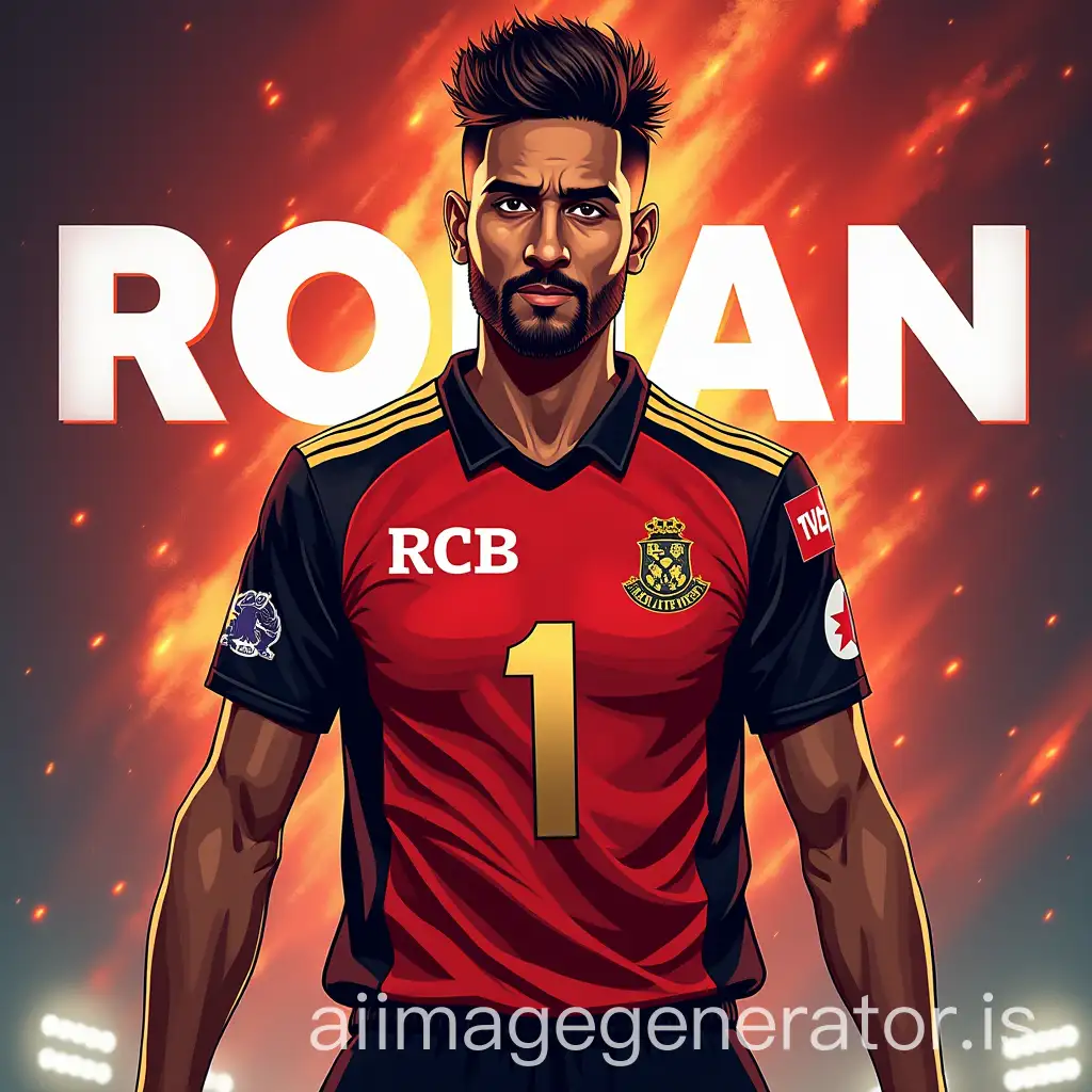 Design a high-resolution, front-facing illustration of RCB cricketer Rohan wearing jersey number 1. The artwork should embody a cool, intense, and modern aesthetic. Key elements to include:n- RCB Jersey: Depict Rohan in the official Royal Challengers Bengaluru jersey, showcasing the team's signature red and black colors with gold accents.n- Jersey Number: Prominently display the number '1' on the front of the jersey.n- Player Pose: Illustrate Rohan in a confident stance, exuding determination and energy.n- Background: Incorporate dynamic elements such as abstract patterns, stadium lights, or motion lines to convey action and excitement.n- Typography: Include the name 'Rohan' in bold, modern font, integrated seamlessly into the design.nEnsure the overall composition is visually striking, suitable for use in digital media, merchandise, and promotional materials.