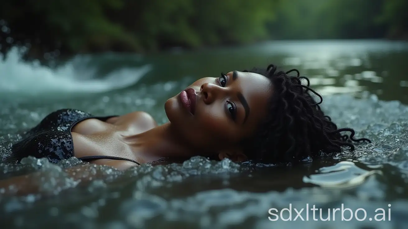 closeup,glamour,uhd,volumetric,cinematic,beautiful black woman laying in the river,rapids flowing