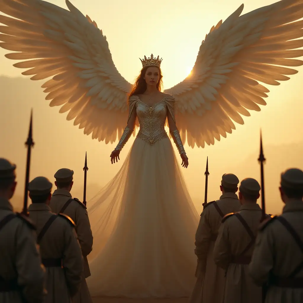 beautiful angelic queen towering over soldiers