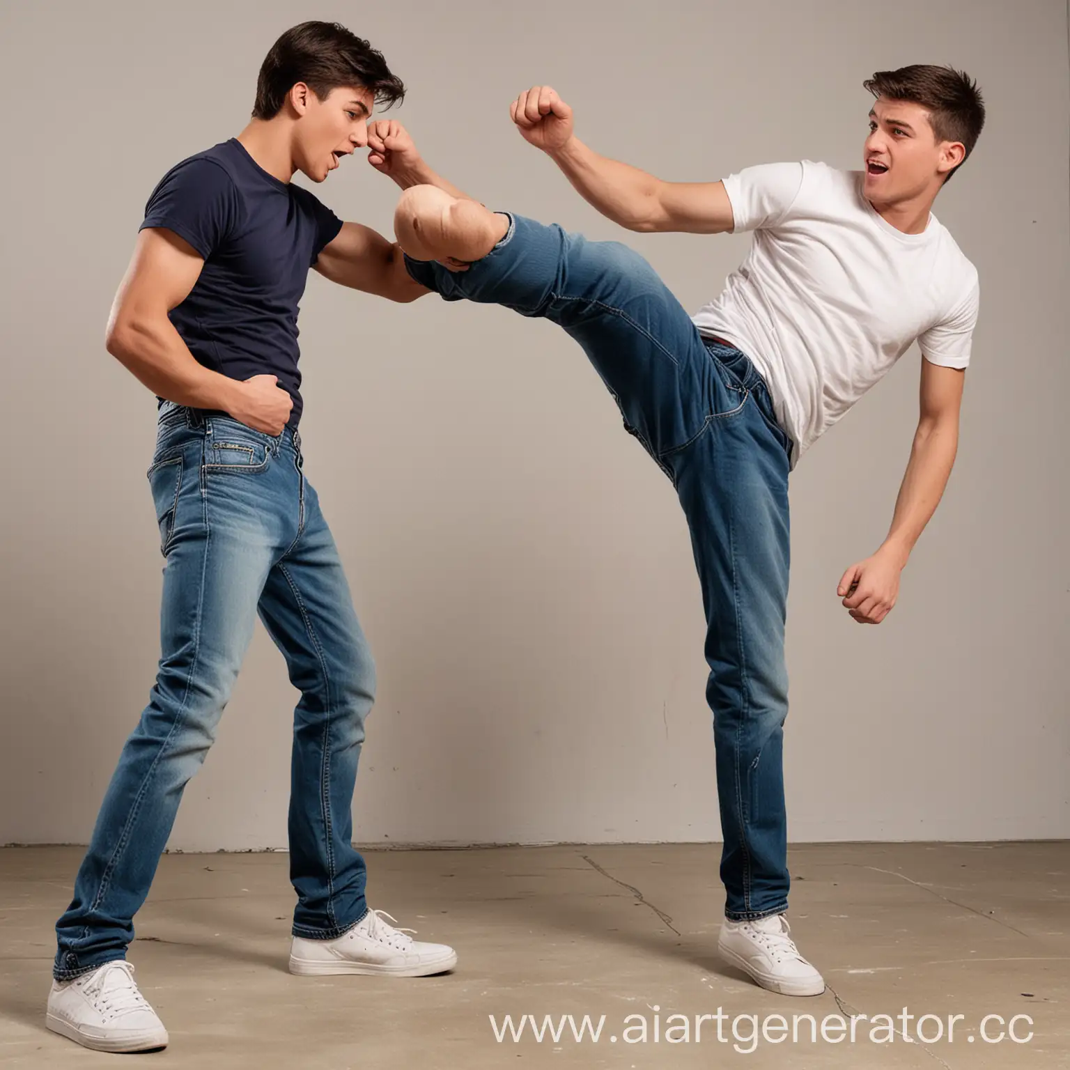 Young-Men-Engaged-in-a-Physical-Fight-One-Delivering-a-Gut-Punch