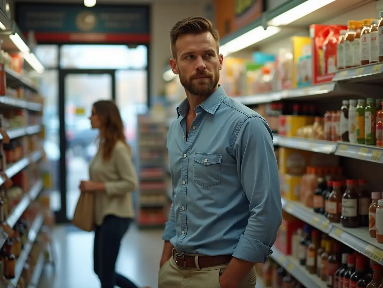 A man casually dressed but well-groomed, browsing a small convenience store. His clothes are clean and well-fitted, and his appearance suggests attention to detail in his grooming (fresh haircut, clean shaven, or well-kept beard). As he turns down an aisle, he catches the eye of a stylish woman shopping nearby, emphasizing the idea that even in a simple, everyday setting, he’s always prepared to make a good impression.