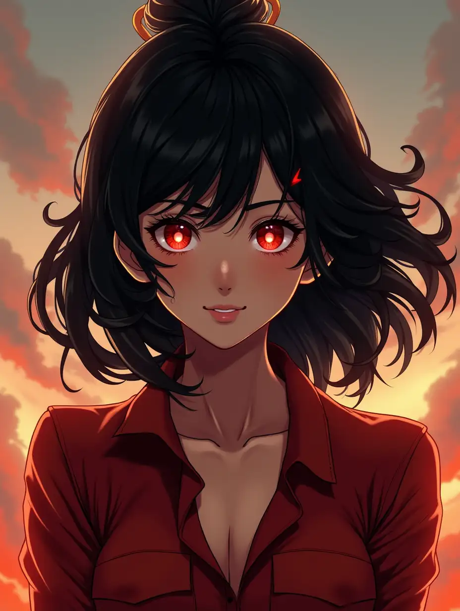 A strong, beautiful girl with black hair and red eyes