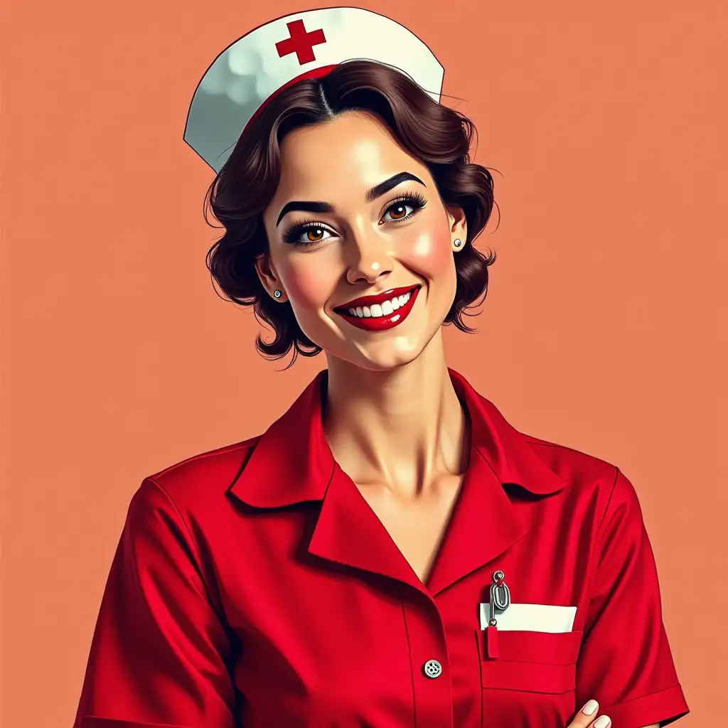 nurse in a red shirt in pop art style smiles