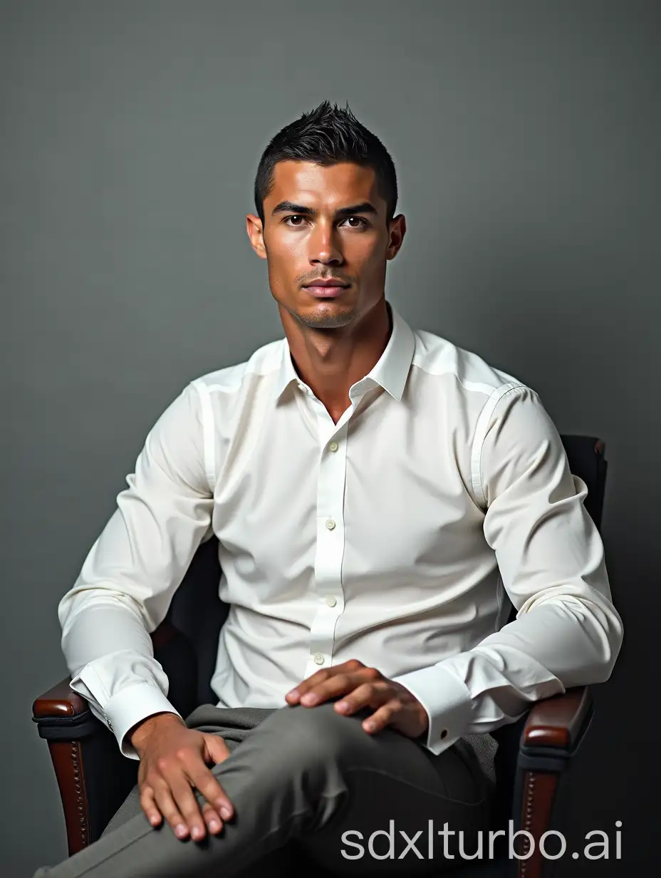 A football superstar Cristiano Ronaldo Sitting on a chair wearing white shirt, facing towards the camera, gray wall background, Middle shot