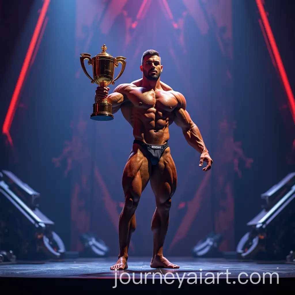 Muscular-Bodybuilder-Holding-Trophy-on-Futuristic-Stage