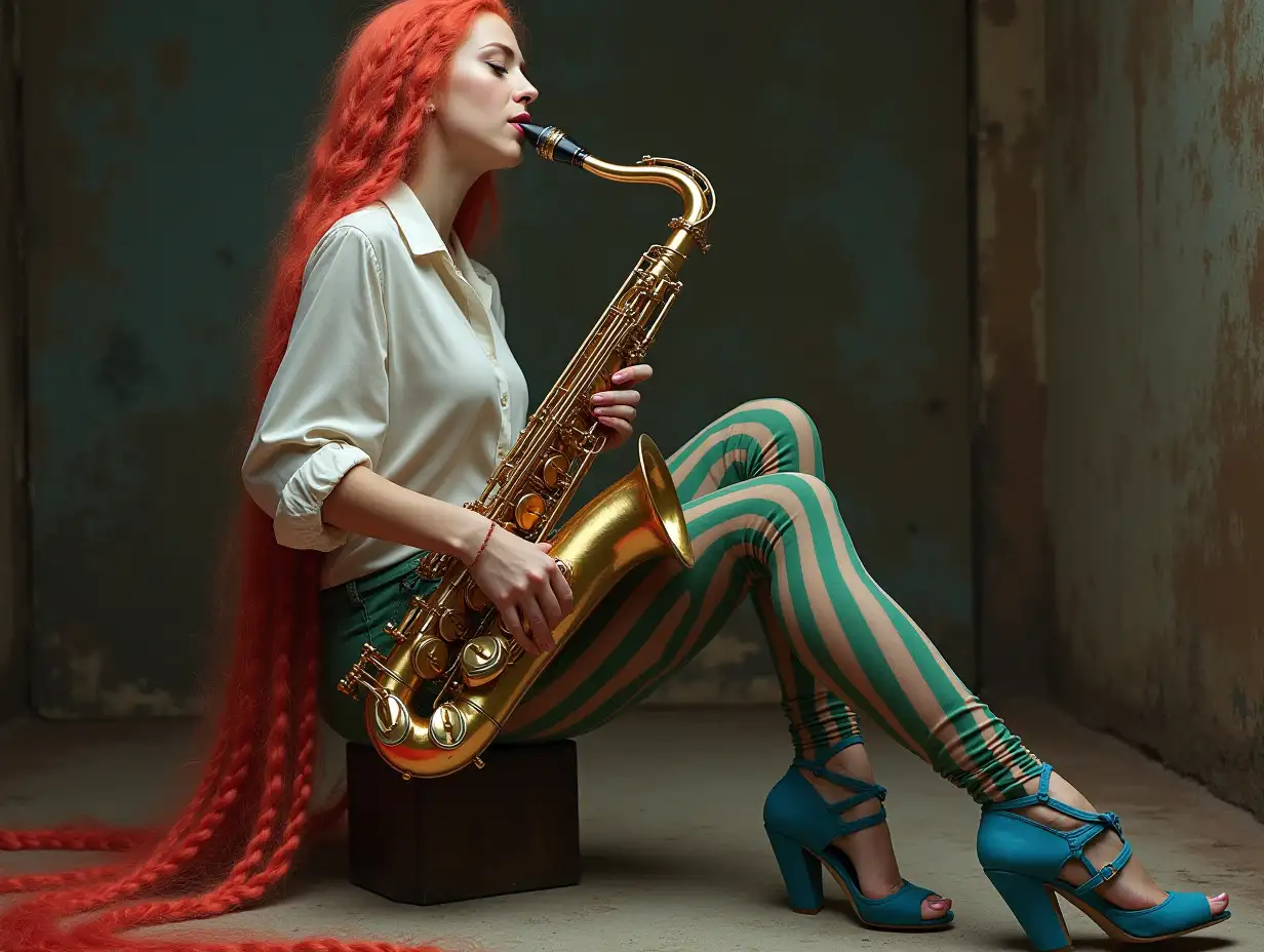 Ultradetailed, hyperrealistic, photorealistic portrait of a woman with long braided white-red mixed hair reaching the floor, white blouse, blue high heels and tight green-red striped short pants, playing with saxophone texture, surfaces and lighting to give depth, dimension and vibrant photorealistic appearance