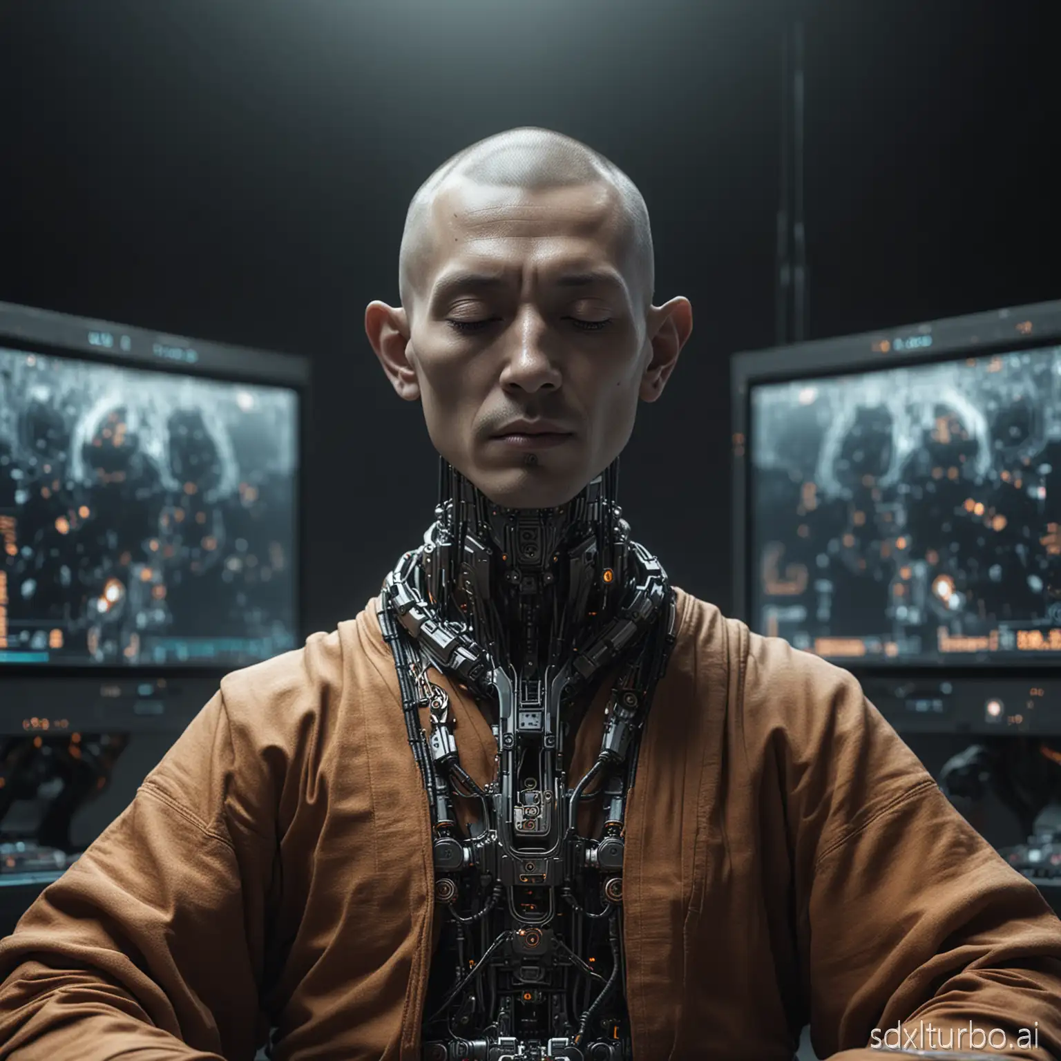 a monk in meditation, he is half human, half robot, he is in meditative position, flying, cybernetic, cyberpunk, multiple monitors around
ultraquality, 8k, Shot in a EOS 5d Max f2.5