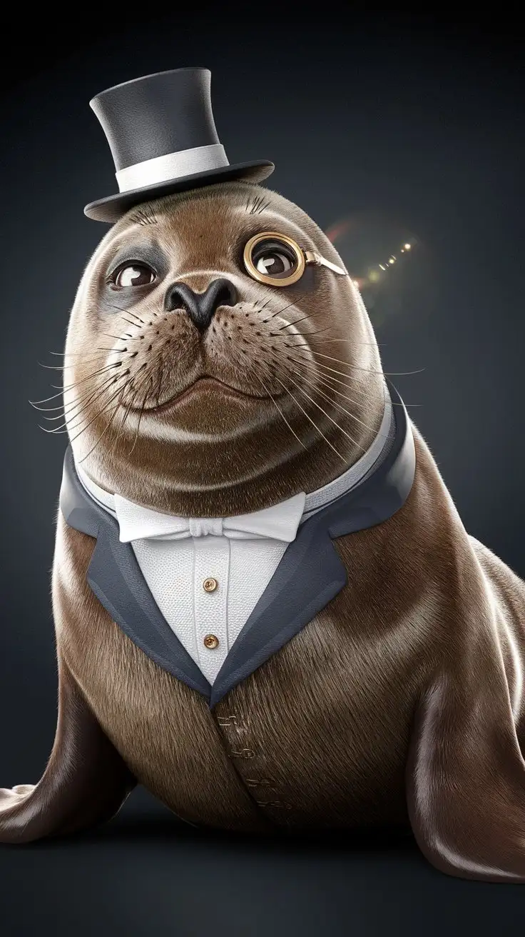 A close-up portrait of a seal wearing a tiny monocle and a miniature top hat, realistic style, brown fur, intelligent and slightly amused expression, one flipper subtly raised as if adjusting the monocle, detailed whiskers, formal yet playful, soft studio lighting, dark elegant background, shallow depth of field, dapper, sophisticated, adorable, cute, high resolution, 8k --ar 1:1 --style raw --v 6