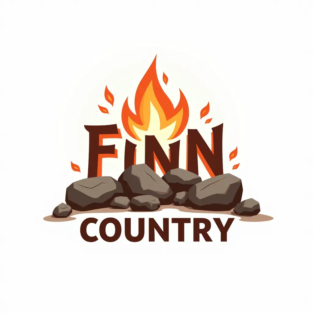 design a creative and minimalist style illustrative logo of hot rocks with text 'FINN COUNTRY' on white background