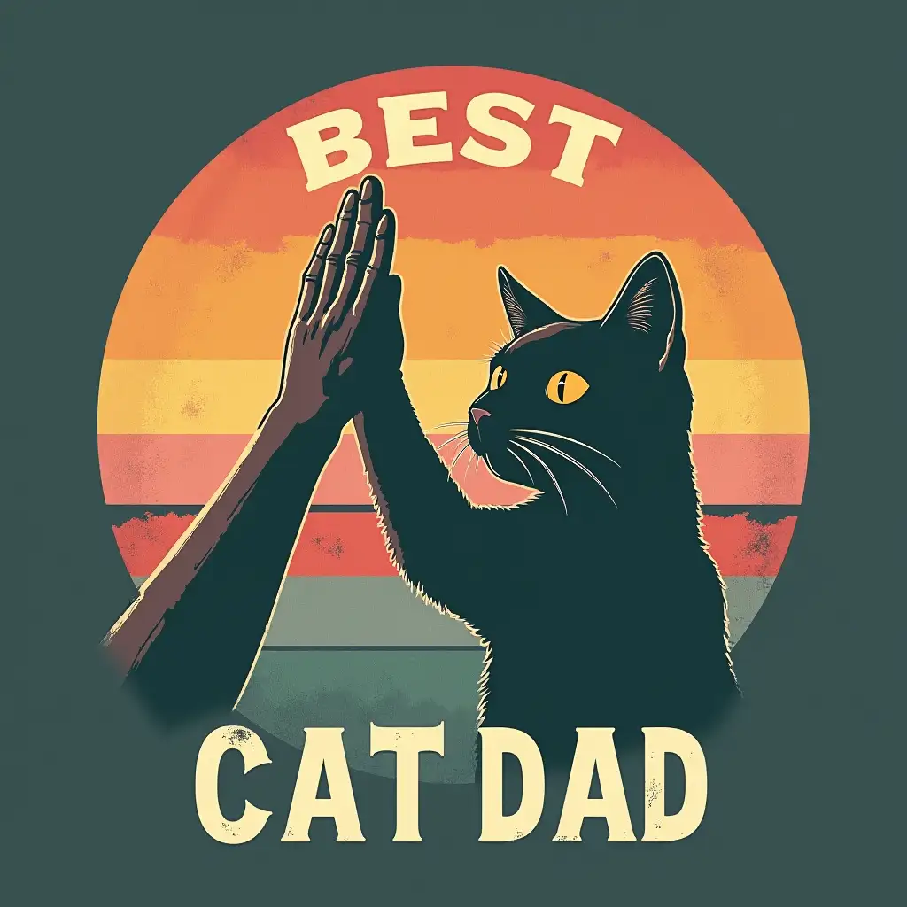 Vintage-style graphic design of a human hand giving a high-five to a cat. The design is centered on a circular background with faded sunset-like colors in shades of orange, yellow, pink, and teal, creating a retro aesthetic. Silhouette of cat with a bold, illustrative style is giving a high five to a human hand.  The cat's eyes are a golden-amber color, and the details are clearly rendered in the vintage, almost-cartoonish style. The words 'BEST' are large above the cat and hand, and 'CAT DAD' in large, bold font is positioned beneath it. The text is reminiscent of vintage advertising or a t-shirt design. The overall design is on a dark teal-gray background. The illustrations of the hand and cat are in a slightly outlined style, enhancing the overall retro vibe. The design is simple but detailed, using classic color schemes and a clear, stylized approach.