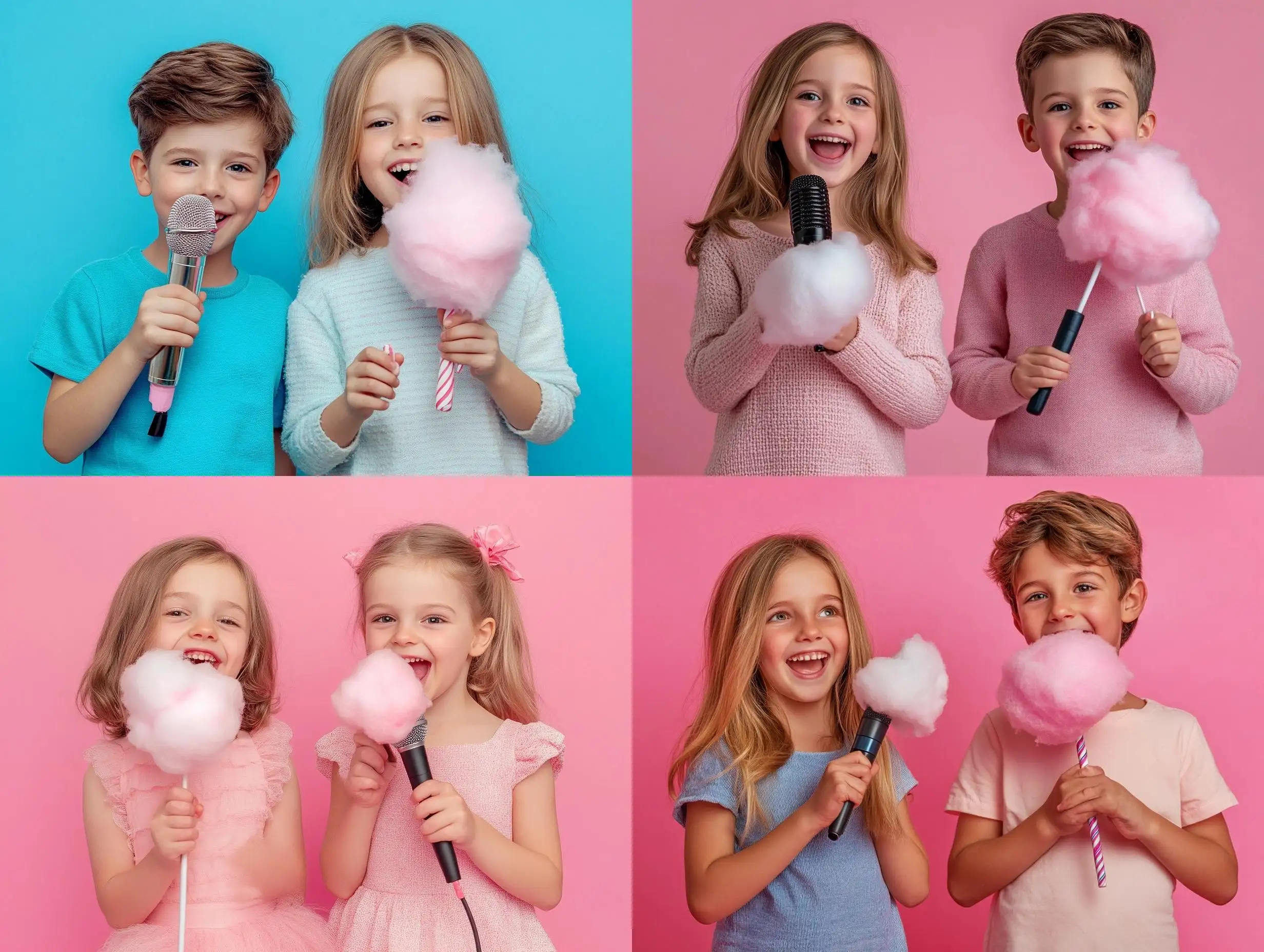 Happy-European-Children-Holding-Cotton-Candy-and-Microphone