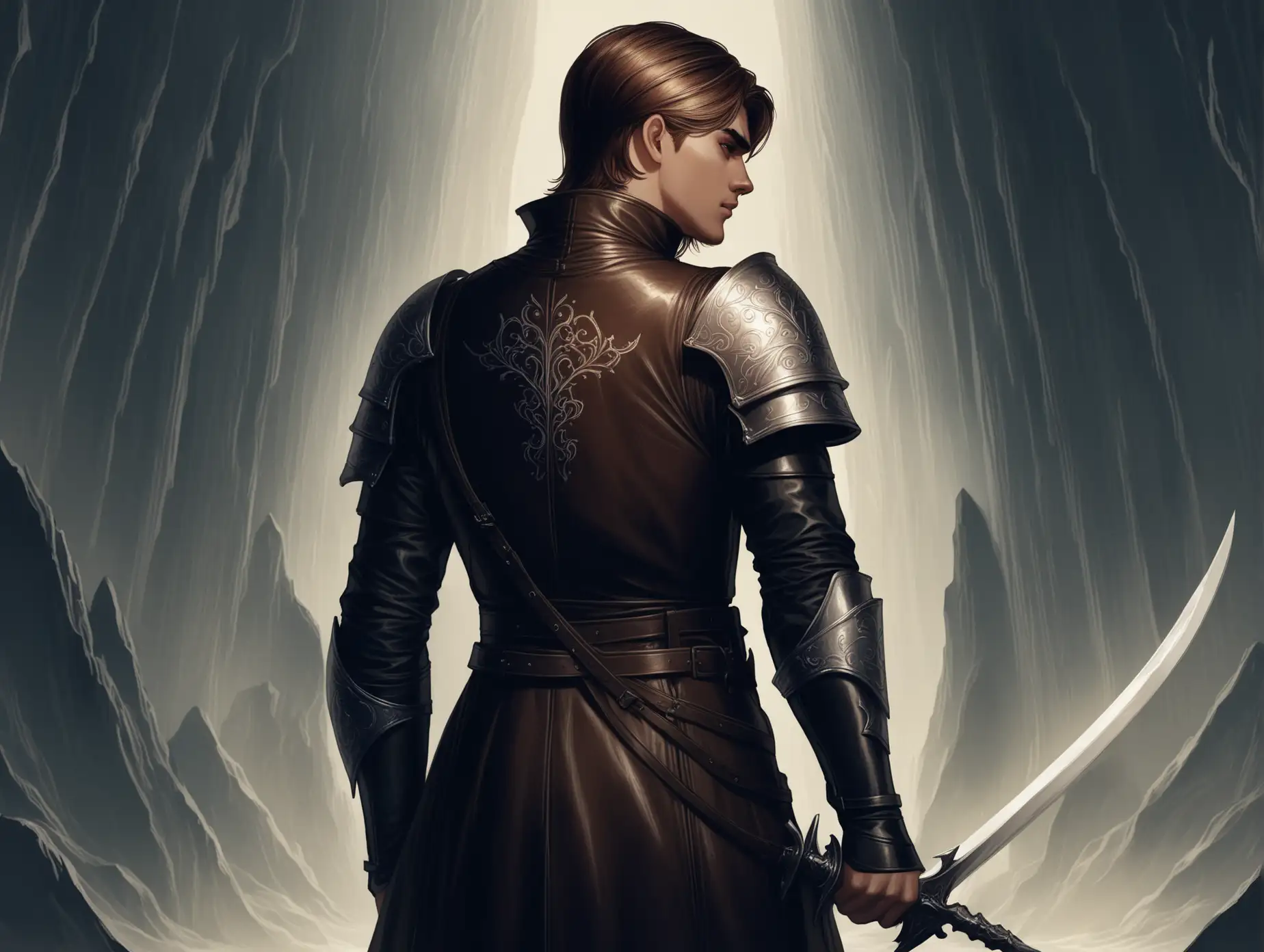 young man, brunette, in leather mercenary clothing, iron pauldrons, with a sword, standing with his back turned, Charlie Bowater, fantasy, medium shot