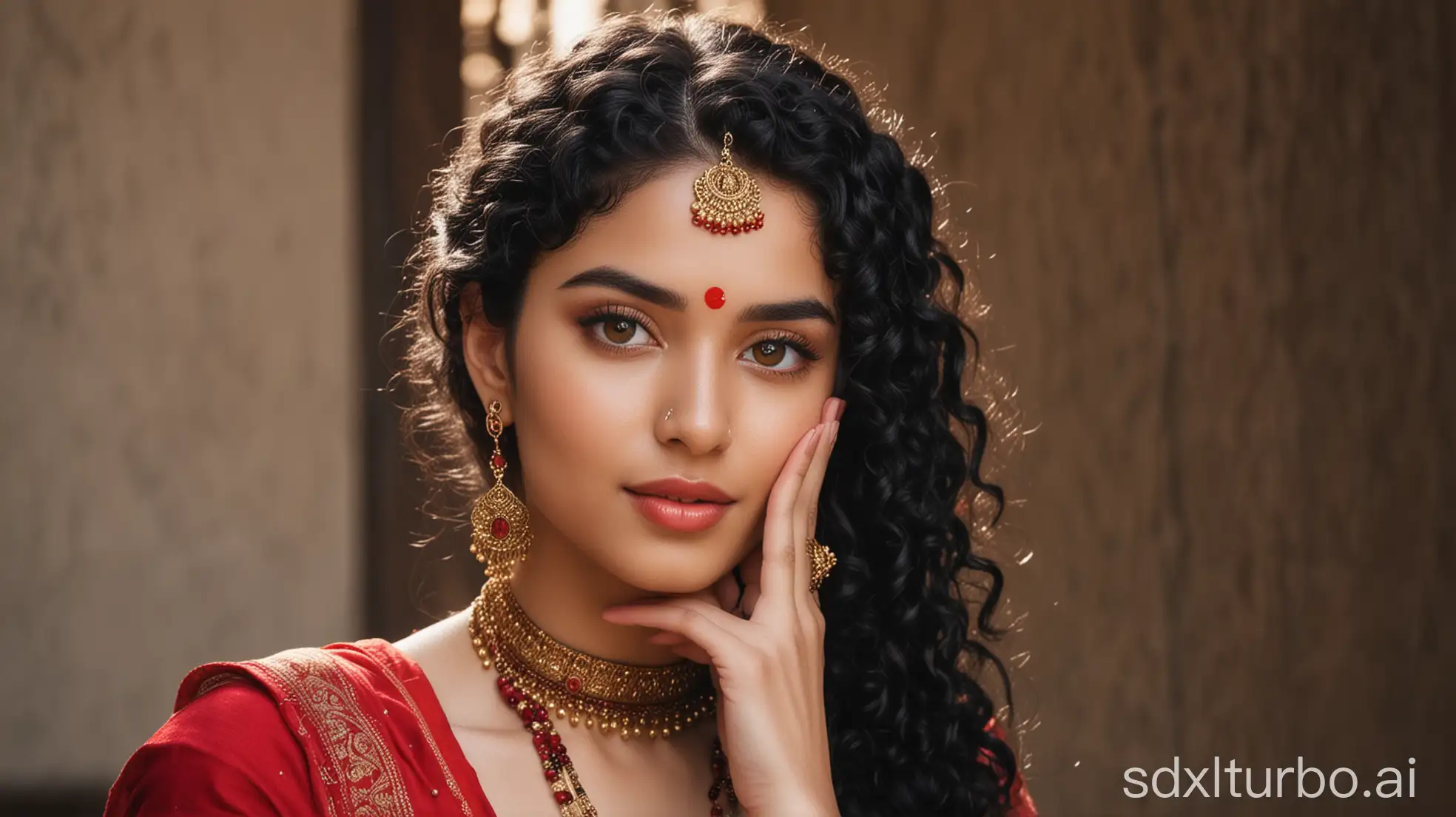 A mesmerizing 24-year-old spiritual influencer with an aura of divine grace. She has radiant fair skin, deep black curly hair cascading over her shoulders, and a striking red bindi adorning her forehead. Draped in an elegant traditional outfit, she wears sacred Rudraksha beads, symbolizing her deep spiritual essence. Her eyes reflect wisdom and serenity, captivating anyone who beholds her. The background is infused with a mystical ambiance—soft golden light, temple bells echoing in the distance, and the scent of incense filling the air. She embodies the perfect blend of devotion and elegance, inspiring seekers on their spiritual journey.