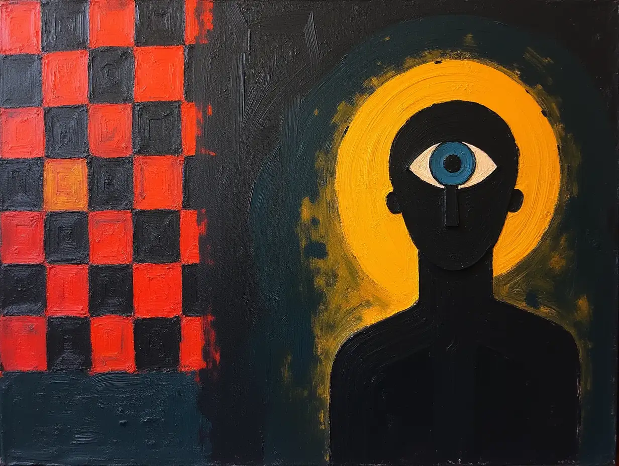 check user_prompt: A picture in a checkered pattern, stripe, primitive schematically, minimalism, avant-garde, face, portrait, huge hovering eye, shadow, darkness in the style of Kandinsky, Malevich, minimalism, simplify for a beginner artist with acrylic many colors, constructivism abstractionism, gloomily