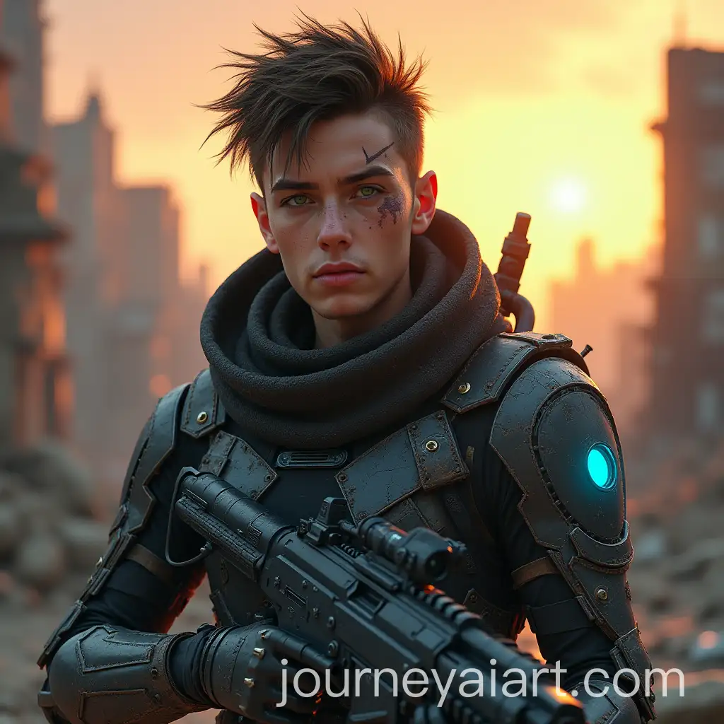 Futuristic-Warrior-with-Plasma-Rifle-in-a-PostApocalyptic-City-at-Sunset