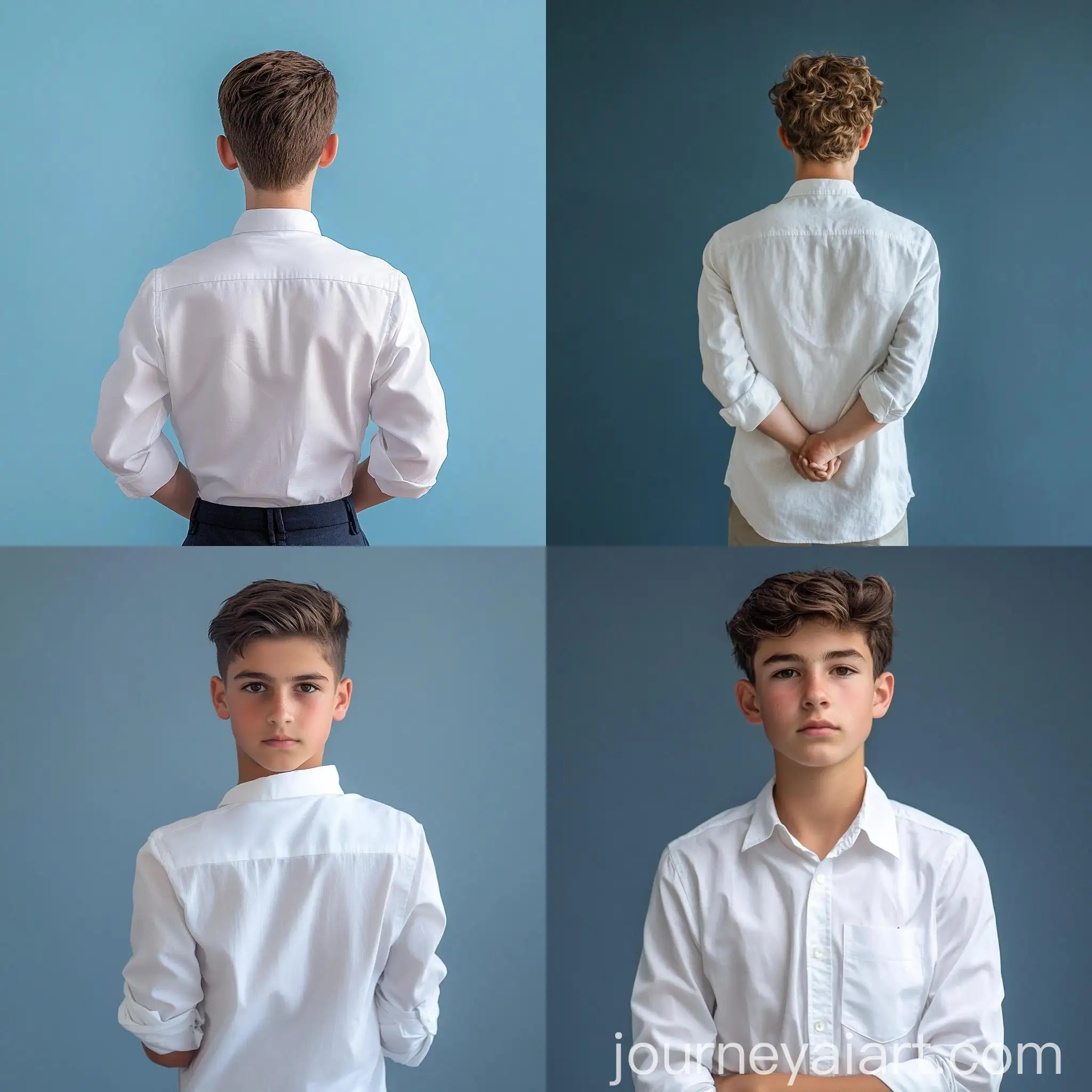 Teenage-Boy-in-White-Shirt-with-Hands-Behind-Back-Neutral-Blue-Background