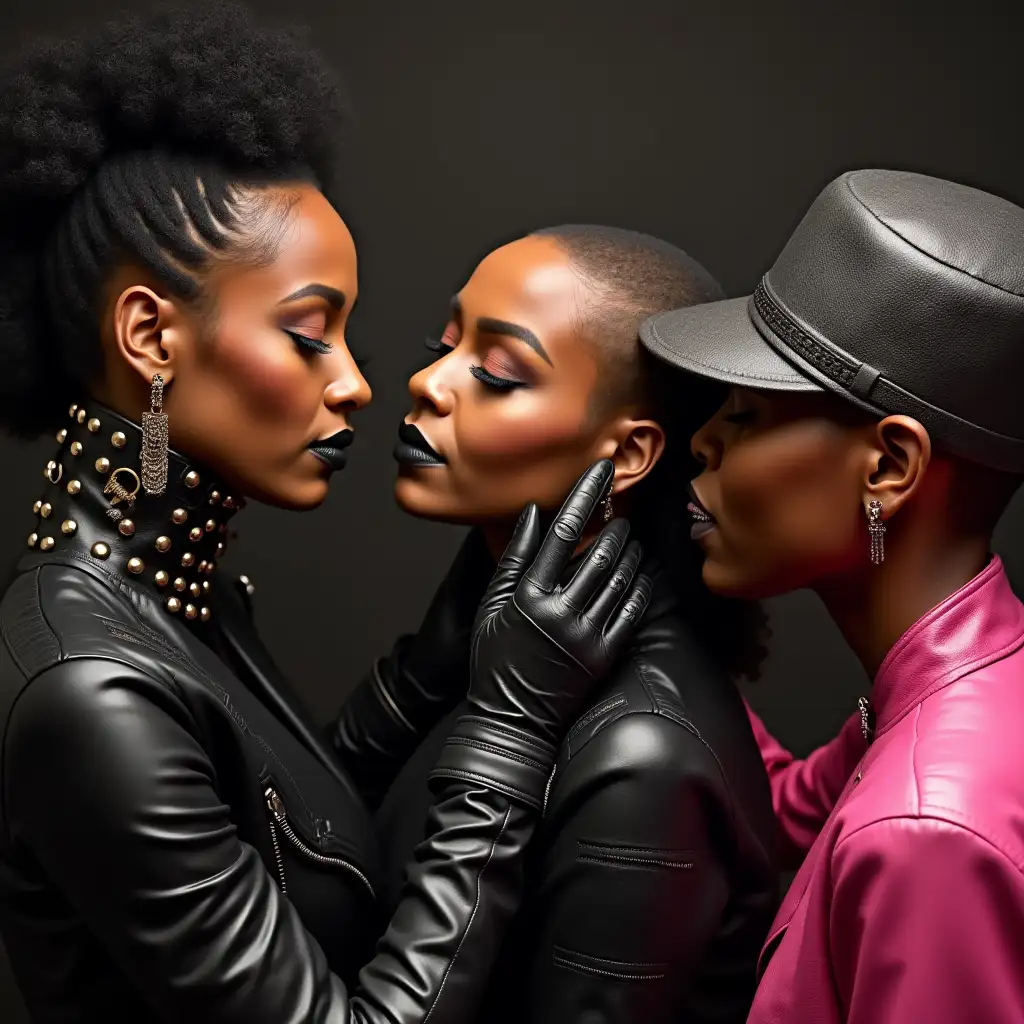 three black women putting makeup on Cynthia Erivo, wearing studded leather gloves, leather motorcycle jackets, tall studded leather collar, black lipstick, shaved heads, leather studded military hat, pink leather, holding head back