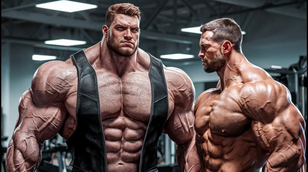 Supercharged brawn. Herculean powers. Musclegod bodybuilder mentor and his protege. Photorealistic.