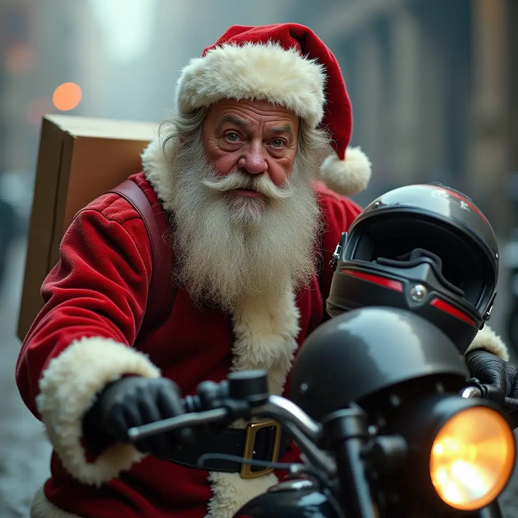 A disheveled Santa Claus, speaking directly to the camera, with a tired face, in a wide shot, but showing part of the motorcycle, as if he had arrived on a motorcycle, with a helmet in his hand, disheveled hair and a sweaty face. On his back, a pizza delivery box