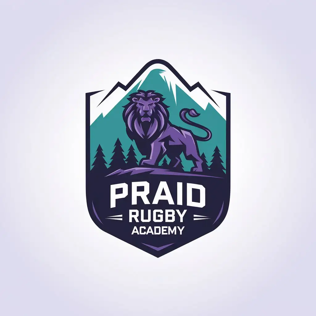 LOGO-Design-for-Praid-Rugby-Academy-Powerful-Lion-Amid-Altai-Mountains-and-Forests-in-Purple-Turquoise-and-Green