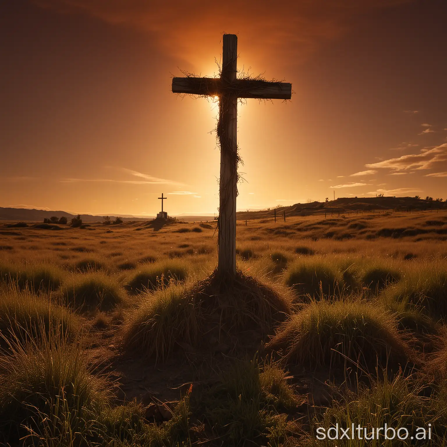 Apocalyptic-Landscape-with-Illuminated-Cross-in-Desolate-Field