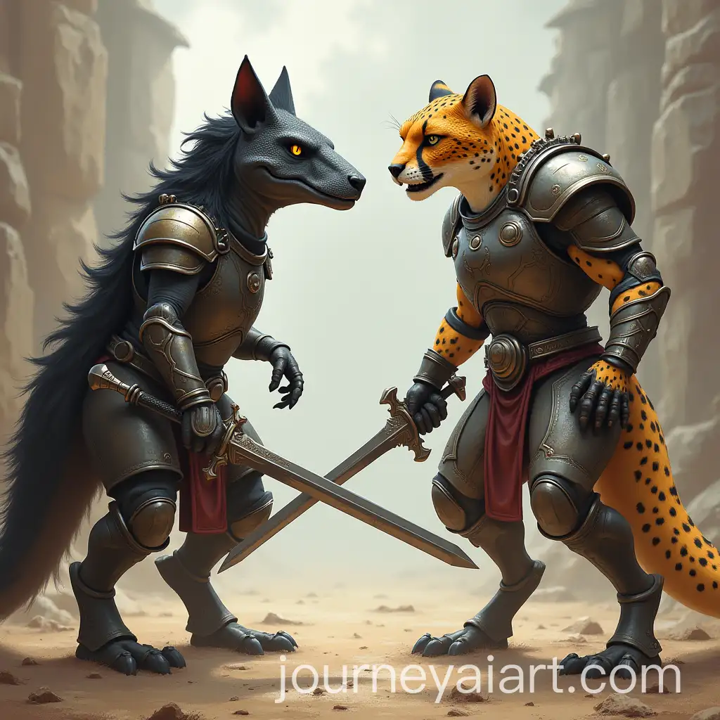Battle-of-Humanoid-Velociraptor-with-Armor-and-Sword-against-Armored-Cheetah-with-Sword