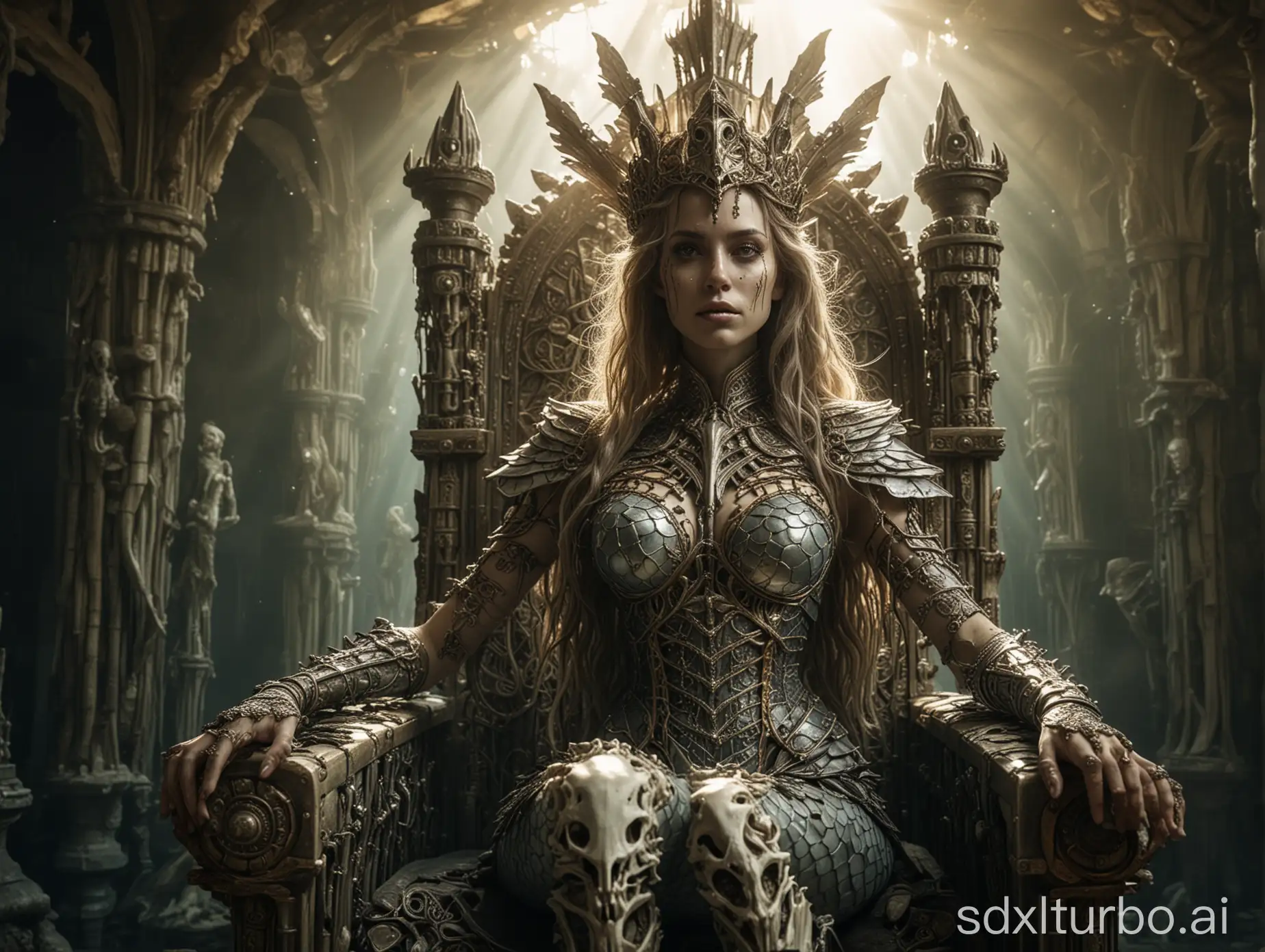 female mermaid queen, warrior in armor made of bones, posing, fantasy image in Lovecraft style, sitting on a throne, gopro camera, detailed face, sun rays, light and shadows