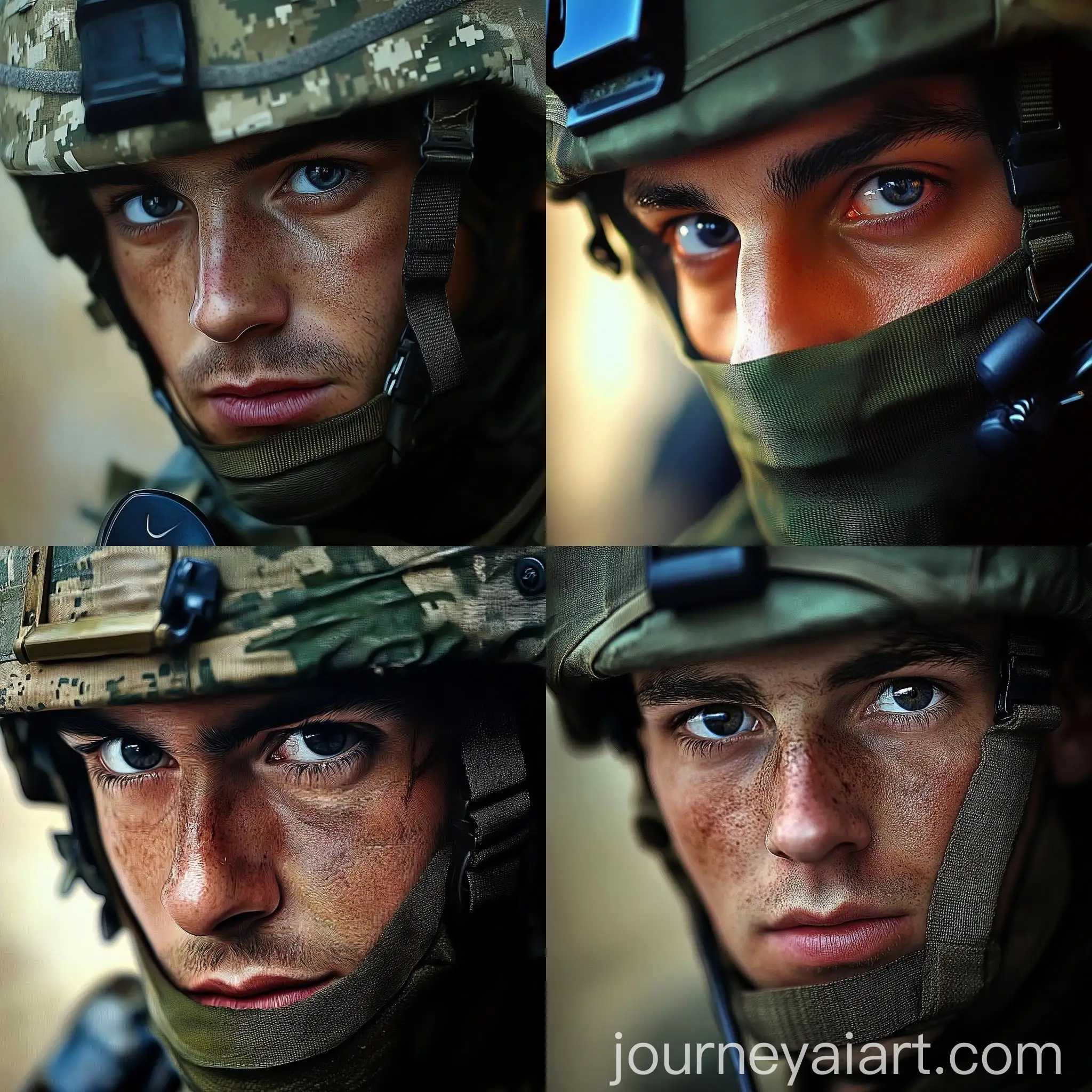 CloseUp-Portrait-of-a-Soldier-with-Intense-Black-Eyes-in-Superrealistic-Style