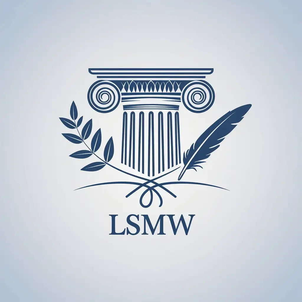 LOGO Design for LSMW Blue Greek Column Writing Feather Acacia Branch Quill Pen in Minimalist Style for Legal Industry