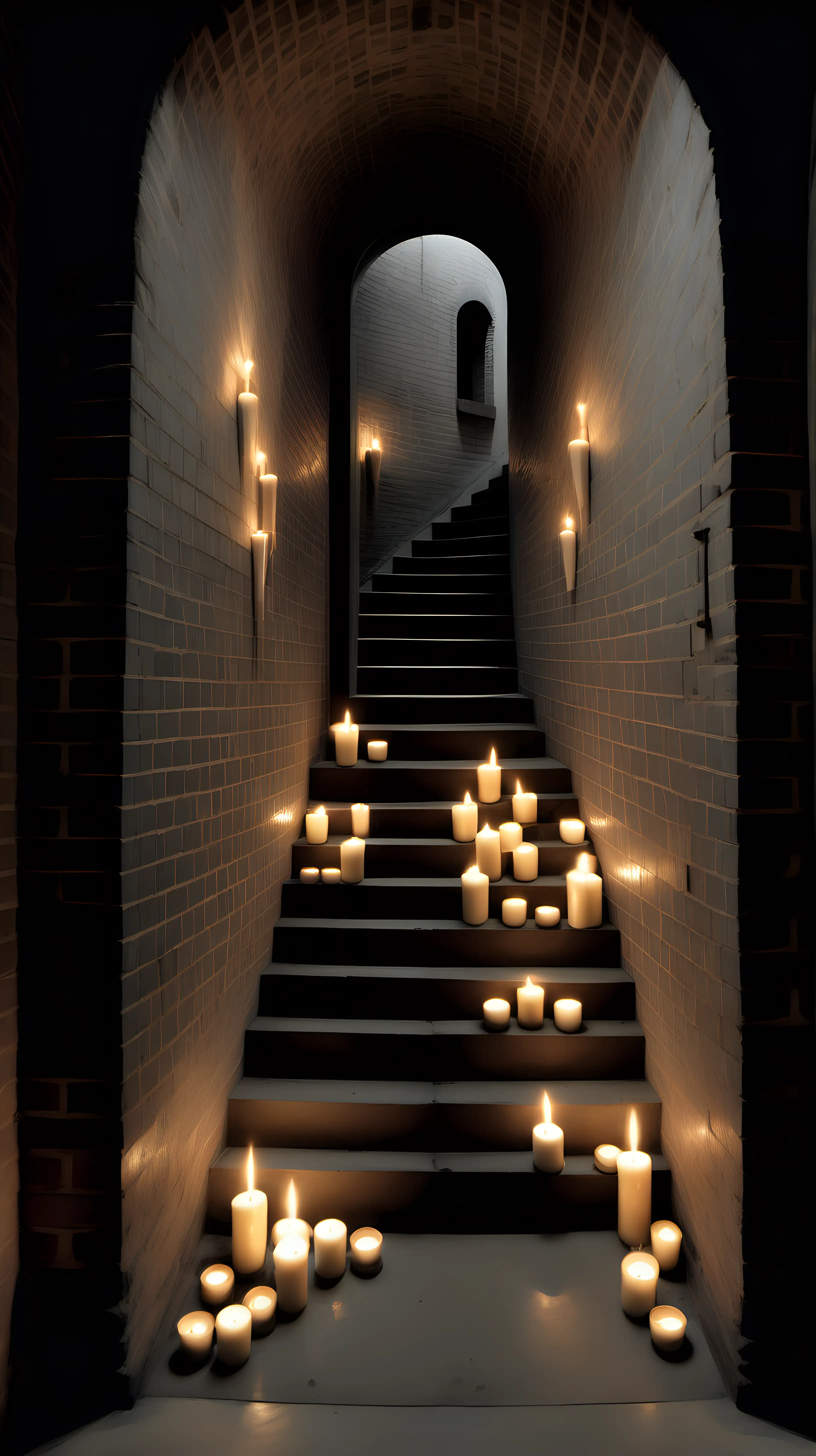 View through Rectangular Doorway of Ascending Candlelit Staircase