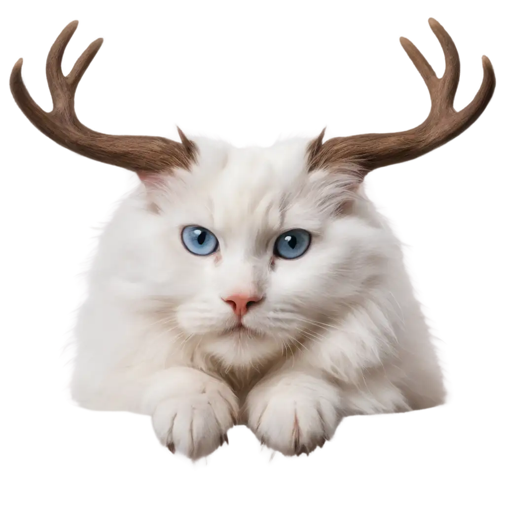 Realistic-PNG-of-a-White-Fluffy-Cat-with-Deer-Horns-High-Definition-Artwork