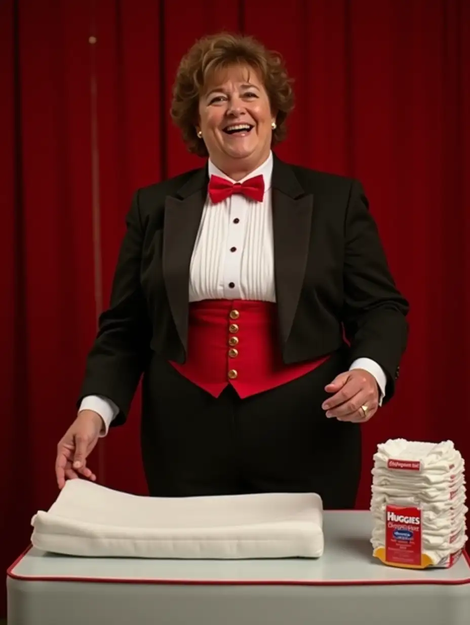 (photo realistic), (sweet laughing middle-aged larger plump full-figured body type with large wide hips)) (Caucasian female woman), (with short light brown curly 1980s hair with curly bangs)), (wearing a very formal orchestra concert tuxedo) with (black long sleeve high cut cropped Eton jacket)), ((white tuxedo shirt, with tight high standing wingtip collar, and many thick vertical pleats front))), ((red diamond point bow tie with red thick adjustable neckband))), red cummerbund, ((black tight high cut spandex briefs)), nylons, (looking at viewer, standing by a white padded changing table while presenting a stack of large bright white folded plastic backed disposable diapers in her hand)), ((with a large sized white and red plastic rounded box package of Huggies Diapers on the changing table)), on stage with a red curtain backdrop, for a magic show, front view.