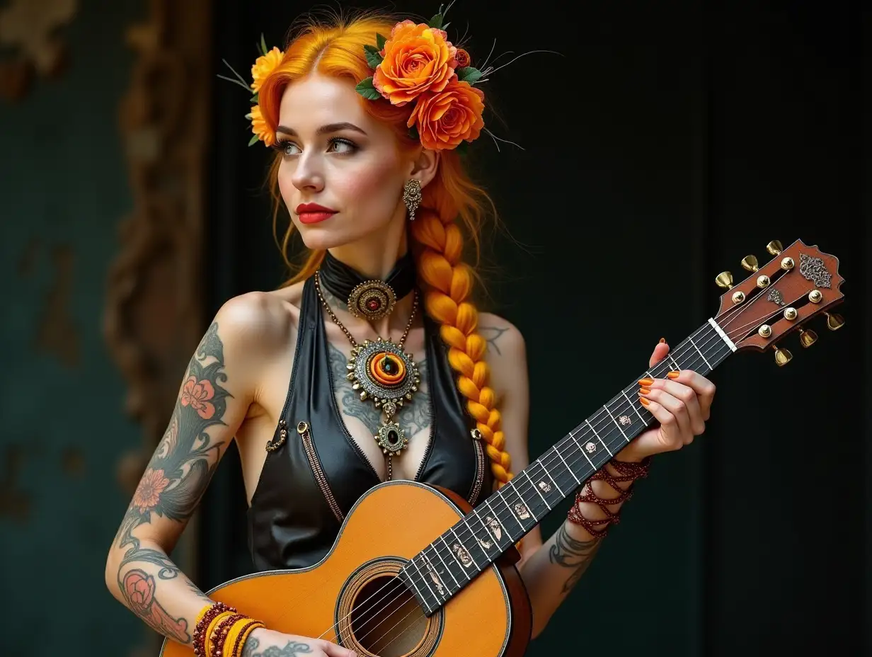 woman with a -tattoo, futuristic long orange-yellow braided hair and laced boots, holding E-guitar flowers and wearing elaborately detailed, colorful and futuristic jewelry. Background blurred, black 120-mm shot Steampunk