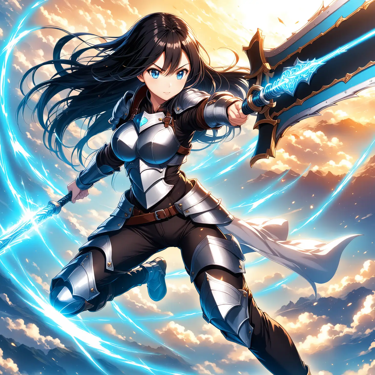 Dynamic Anime Girl Adventurer with Large Weapon in Black Armor