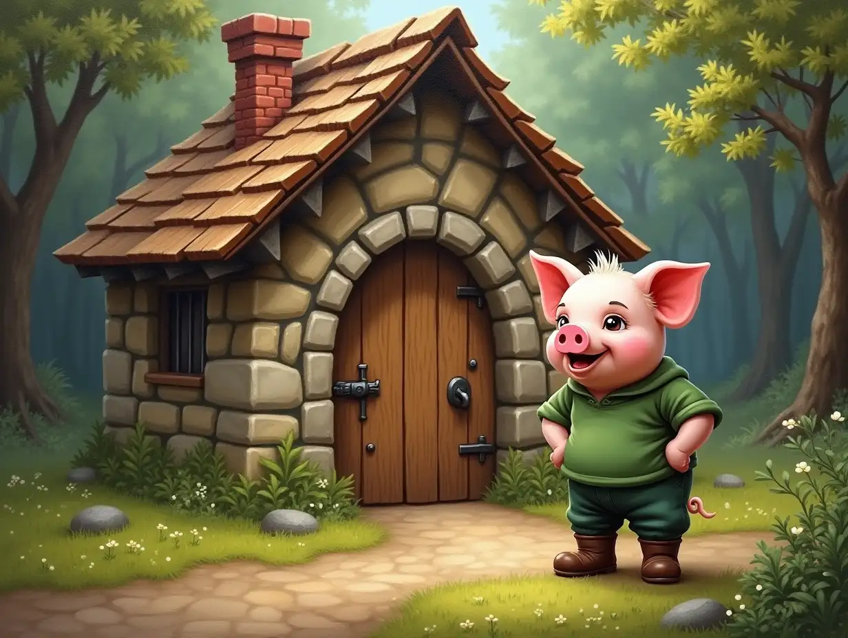 A nice house on the edge of the forest. Walls of stone, roof of wood, wooden door forged in iron, a brick chimney is visible. Next to it is a nice cheerful piglet in green pants with boots and a green shirt. Oil painting.