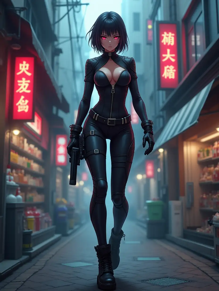 Short hair, mature Asian woman thief cyber runner in a dynamic full-length pose, eyes with red electronic pupils, large breast, extreme skintight body glove zipped down with cleavage, combat boots and combat belt. Full view of her body from boots up, low wide angle. Future store filled city alley street. Anime