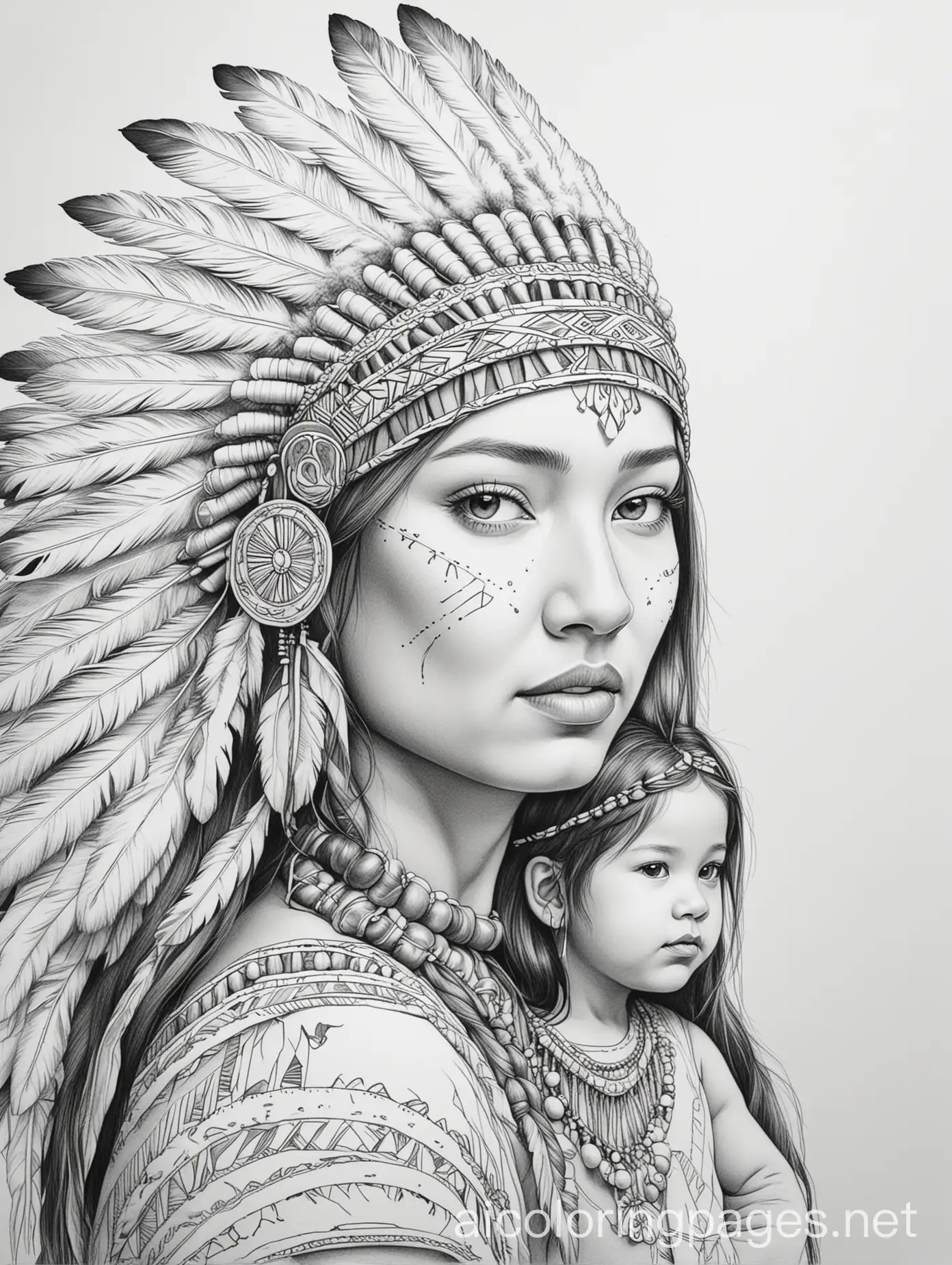 Native-American-Woman-and-Daughter-Coloring-Page-Line-Art