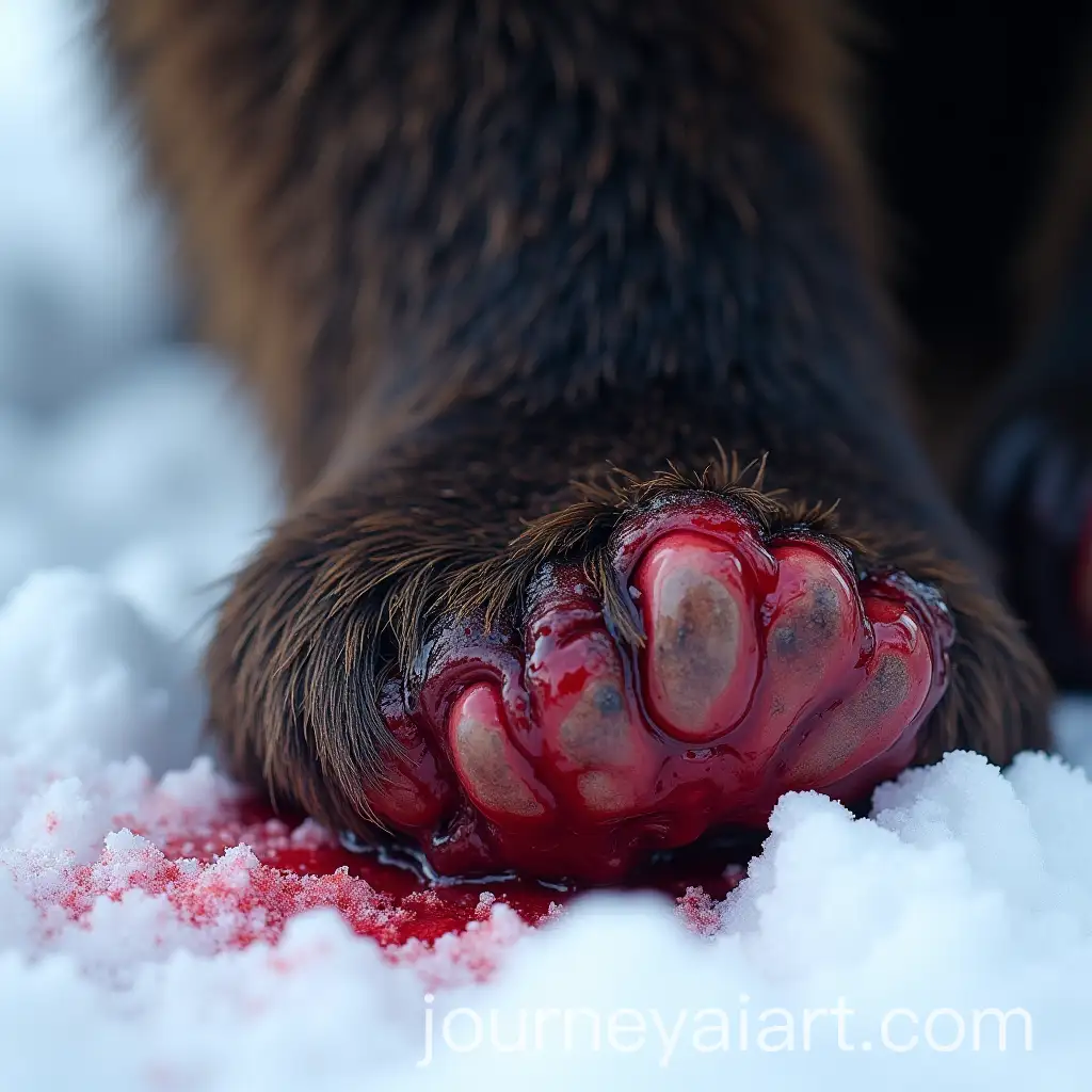 Closeup-of-Bears-Injured-Paw-Dripping-Blood-onto-Snow