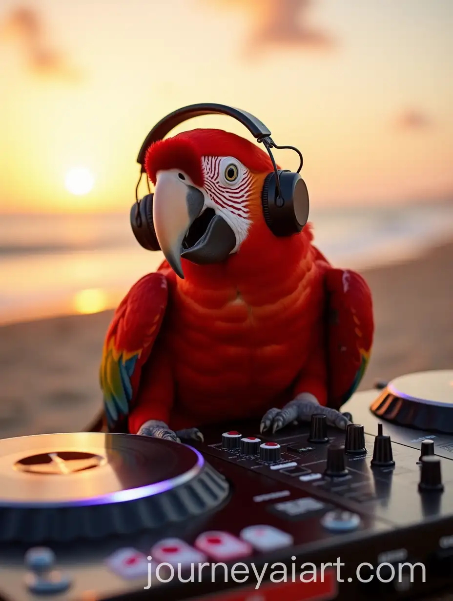 Amused-Macaw-Parrot-DJ-Mixing-Music-at-Ibiza-Beach-Sunset