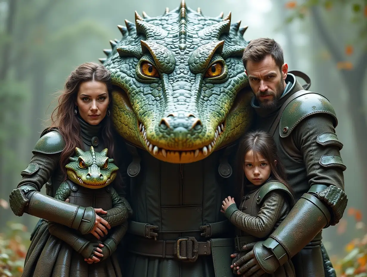 Ki-Fantasy Family,Man,Woman, and Children, giant Alligator face and with Glass and Metal armor equipment