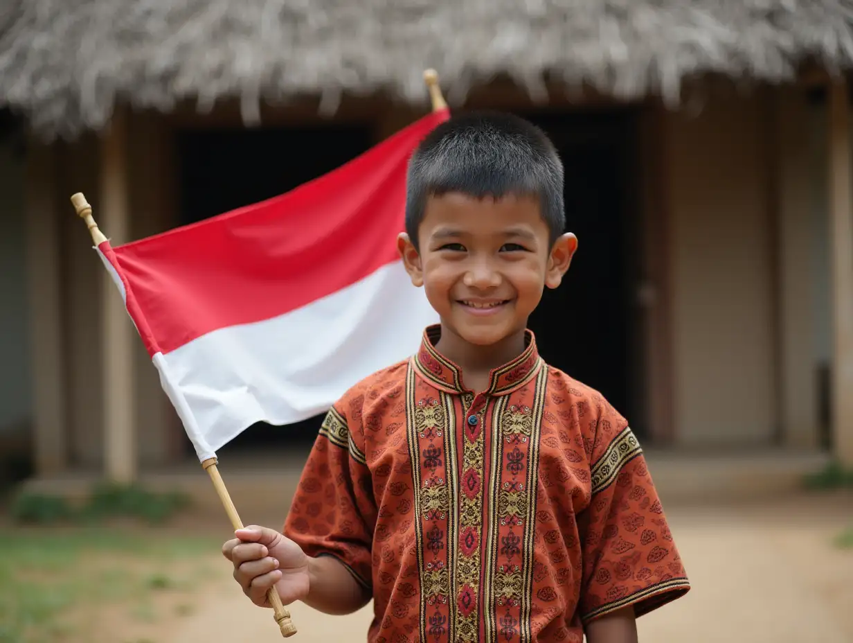 a Boy from Baduy tribe wearing traditional clothing in front of traditional Baduy house with a Indonesian flag in hand and smile