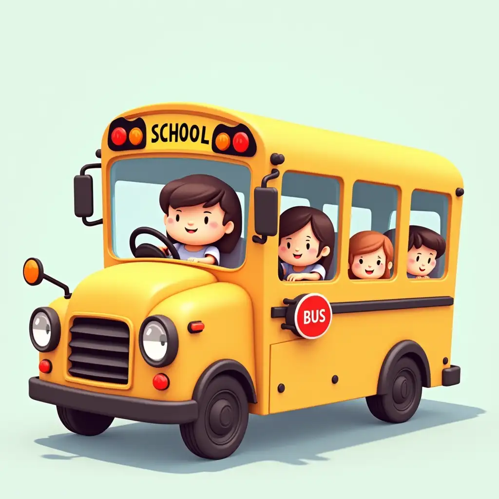 Cute-Children-on-a-School-Bus-with-Driver-in-3D-Rendering