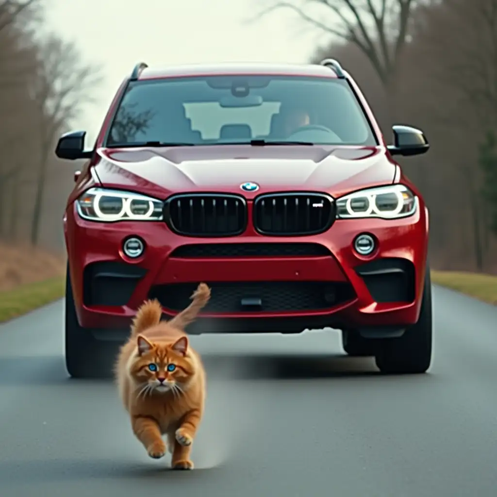 A huge, tinted BMW XM labeled red is chasing a fluffy red cat with blue eyes, who runs away in fear along the road, movie