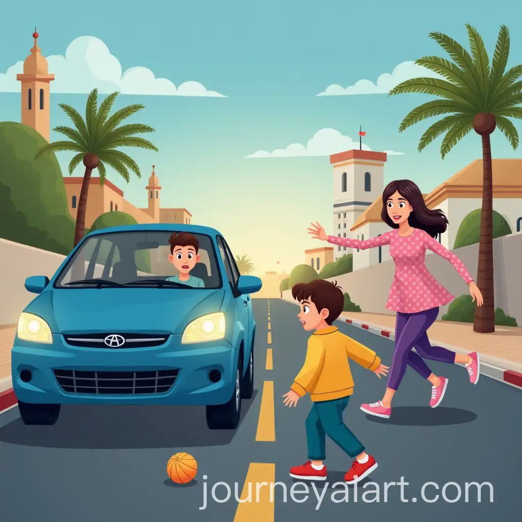 Child-Playing-on-Road-with-Approaching-Car-and-Concerned-Parent-in-North-African-Setting