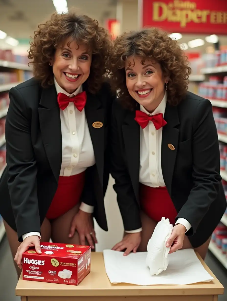 ((photo realistic)), ((two matching sweet laughing older-aged obese body type with large wide hips)) ((Caucasian female women)), with ((light brown mid-length very curly very tight 1980s permed hair with curly bangs)), wearing a very formal orchestra concert tuxedo with (black long sleeve high cut cropped above waist Eton jacket with a gold and black name tags), (((white tuxedo shirt, with tight very high standing wingtip collar, and many thick vertical pleats front))), (((red diamond point bow tie with red thick adjustable neckband))), red cummerbund, (((black very tight high cut spandex stretch brief))), fishnets, (((looking at viewer while bending over a changing table consisting of a large white and red rounded plastic box of Huggies THICK Diapers, while holding up a bright white mid-sized folded plastic backed disposable diaper in her hand, in a supermarket, with the red and gold 'Diaper Derby' logo in the background))), (((very close up pov front view)))